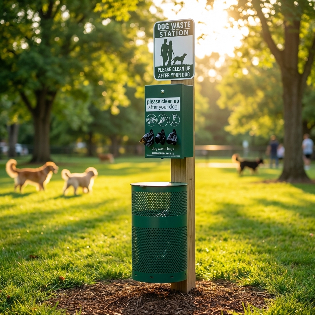 Green commercial pet waste station installed in a dog park